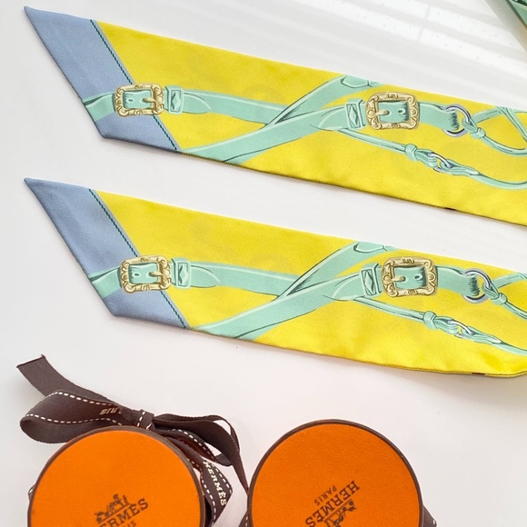 HERMES SILK YELLOW BEIGE BROWN BLUE Bandeau TWILLY WRAP SET OF 2 - Picture 14 of 16